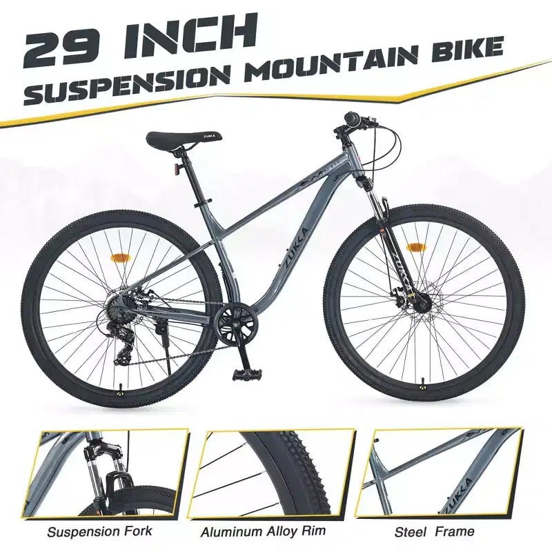 Bicicleta de montaña Okak de 29 pulgadas con sistema de 8 velocidades, bicicleta de cross con cuadro de acero y suspensión delantera, bicicleta para adultos para hombres, mujeres, niños y niñas