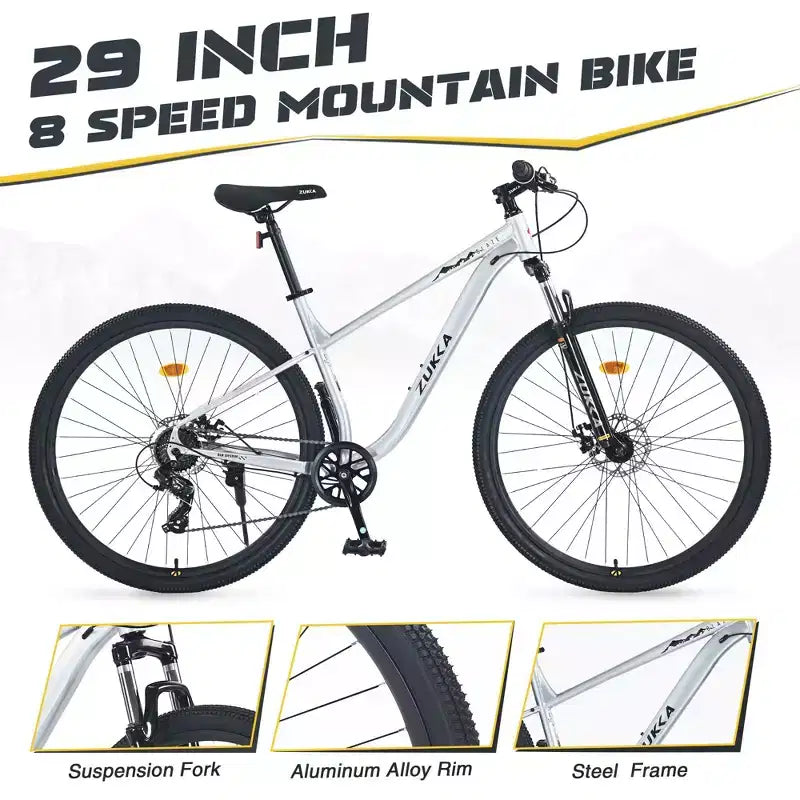 Bicicleta de montaña Okak de 29 pulgadas con sistema de 8 velocidades, bicicleta de cross con cuadro de acero y suspensión delantera, bicicleta para adultos para hombres, mujeres, niños y niñas