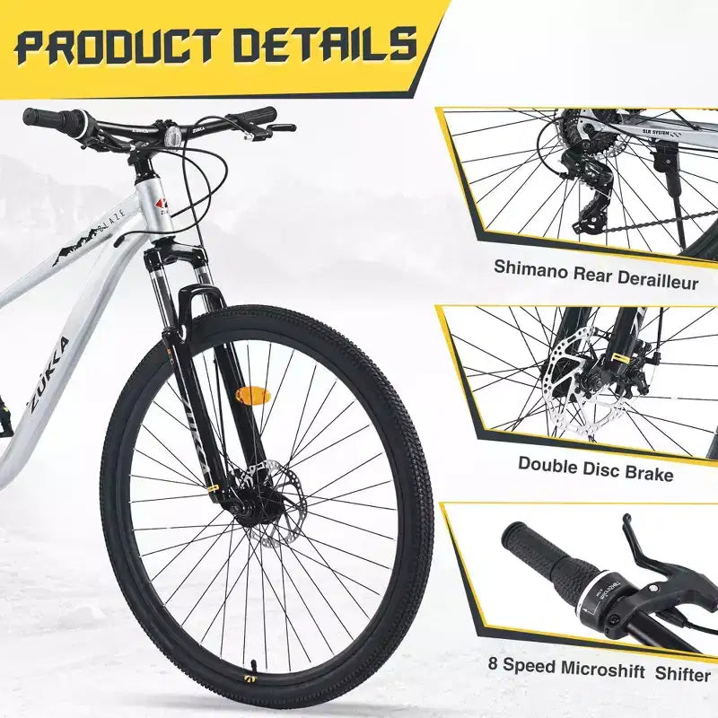Bicicleta de montaña Okak de 29 pulgadas con sistema de 8 velocidades, bicicleta de cross con cuadro de acero y suspensión delantera, bicicleta para adultos para hombres, mujeres, niños y niñas