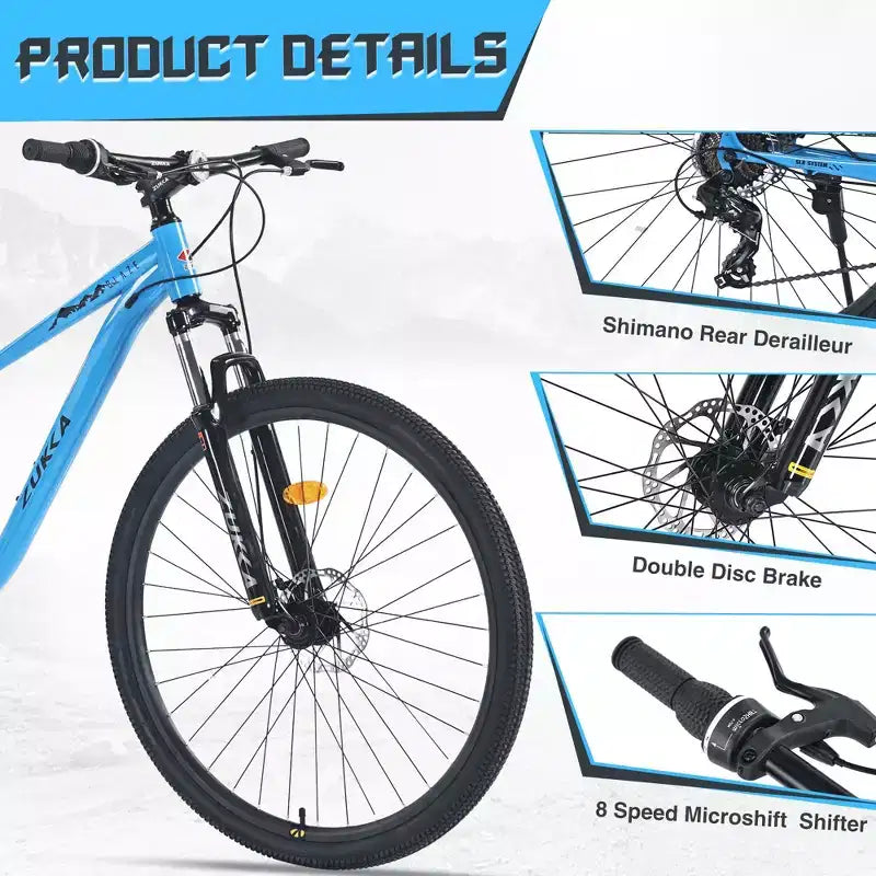 Bicicleta de montaña Okak de 29 pulgadas con sistema de 8 velocidades, bicicleta de cross con cuadro de acero y suspensión delantera, bicicleta para adultos para hombres, mujeres, niños y niñas