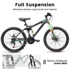 Okak Bicicleta de montaña de 26 pulgadas con frenos de disco, bicicleta para adultos de 21 velocidades con cuadro duradero y doble absorción trasera, bicicleta para ciclismo en carretera urbana