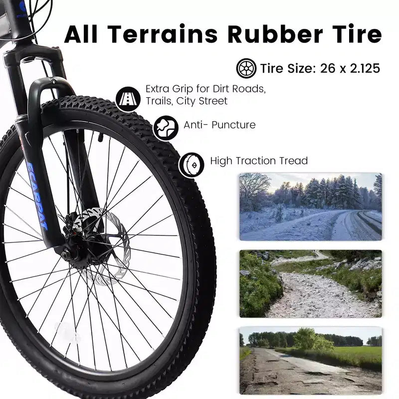 Okak Bicicleta de montaña de 26 pulgadas con frenos de disco, bicicleta para adultos de 21 velocidades con cuadro duradero y doble absorción trasera, bicicleta para ciclismo en carretera urbana