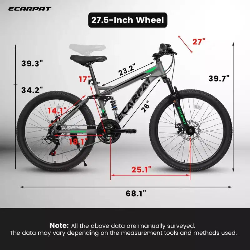 Bicicleta de montaña Okak de 27.5 pulgadas con doble amortiguador delantero y trasero, bicicleta de cross de 21 velocidades con freno de disco mecánico, bicicleta para adultos para hombres y mujeres
