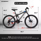 Bicicleta de montaña Okak de 27.5 pulgadas con doble amortiguador delantero y trasero, bicicleta de cross de 21 velocidades con freno de disco mecánico, bicicleta para adultos para hombres y mujeres