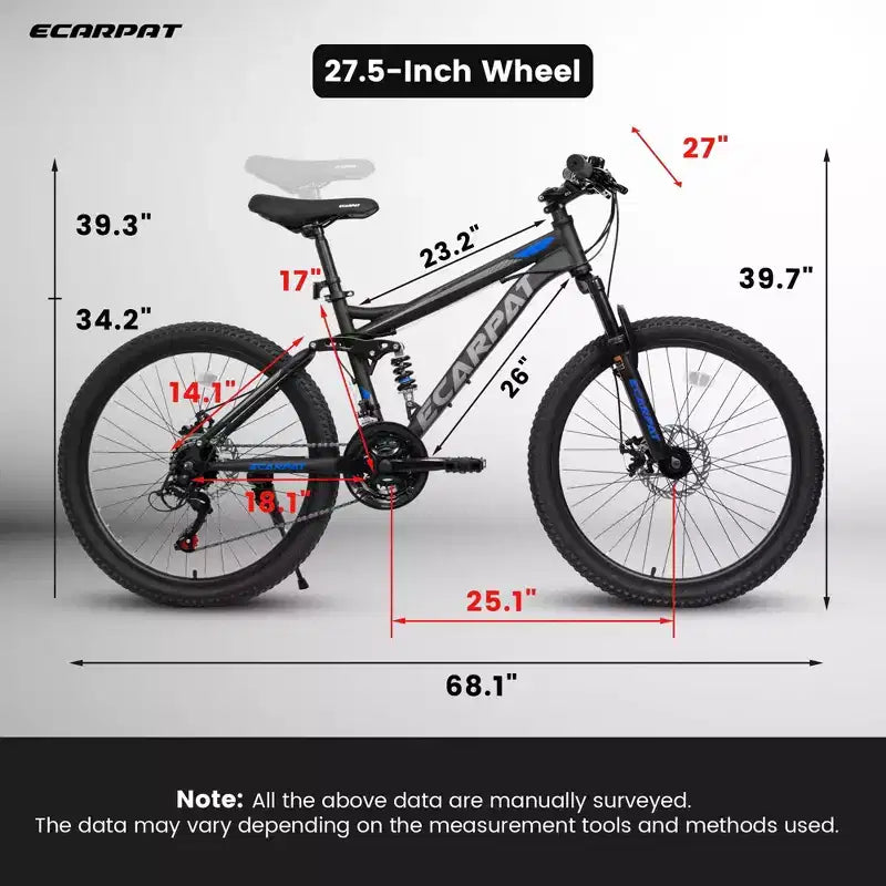 Bicicleta de montaña Okak de 27.5 pulgadas con doble amortiguador delantero y trasero, bicicleta de cross de 21 velocidades con freno de disco mecánico, bicicleta para adultos para hombres y mujeres