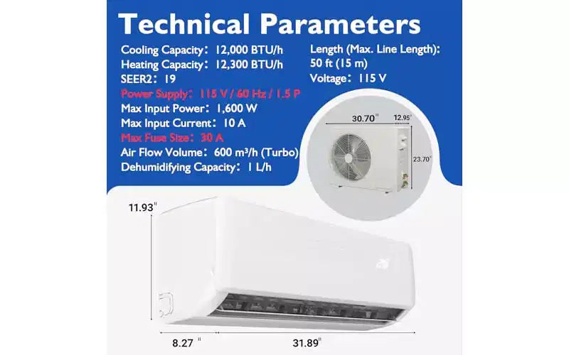 Garvee 12000 BTU Mini Split AC con WiFi compatible con Alexa 19 SEER2, enfría hasta 70 m², con bomba de calor de 1 tonelada precargada y kit de instalación, ultra silencioso