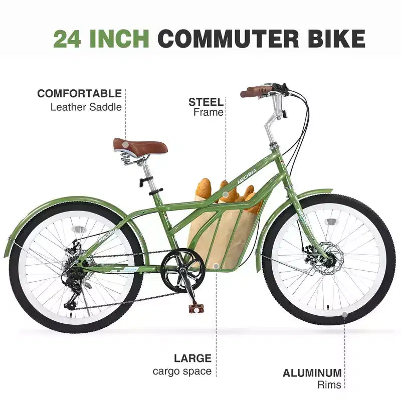 Bicicletas de crucero Okak de 24 pulgadas con cesta grande, bicicleta para adultos de 6 velocidades con cuadro de acero y freno de disco, bicicleta de cercanías para hombres y mujeres