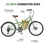 Bicicletas de crucero Okak de 24 pulgadas con cesta grande, bicicleta para adultos de 6 velocidades con cuadro de acero y freno de disco, bicicleta de cercanías para hombres y mujeres