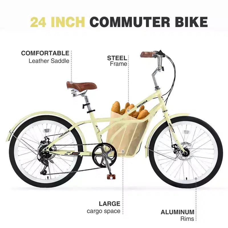 Bicicletas de crucero Okak de 24 pulgadas con cesta grande, bicicleta para adultos de 6 velocidades con cuadro de acero y freno de disco, bicicleta de cercanías para hombres y mujeres
