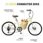 Bicicletas de crucero Okak de 24 pulgadas con cesta grande, bicicleta para adultos de 6 velocidades con cuadro de acero y freno de disco, bicicleta de cercanías para hombres y mujeres