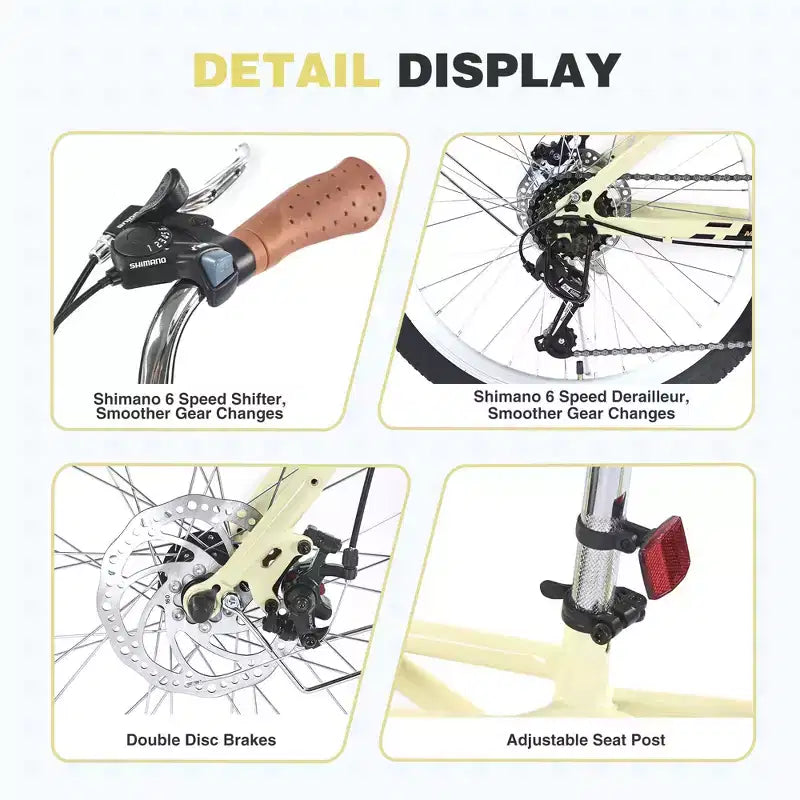 Bicicletas de crucero Okak de 24 pulgadas con cesta grande, bicicleta para adultos de 6 velocidades con cuadro de acero y freno de disco, bicicleta de cercanías para hombres y mujeres