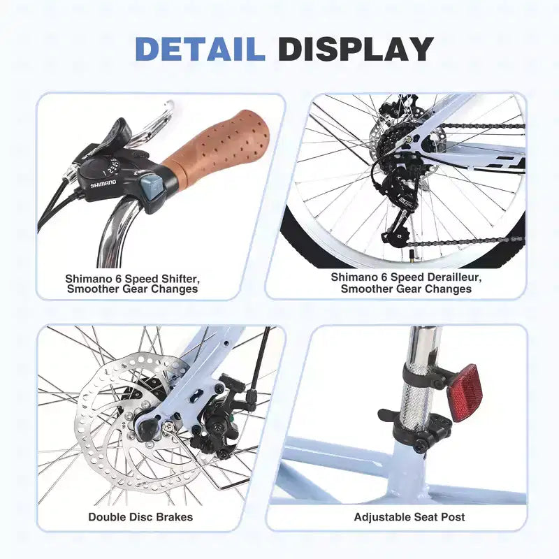 Bicicletas de crucero Okak de 24 pulgadas con cesta grande, bicicleta para adultos de 6 velocidades con cuadro de acero y freno de disco, bicicleta de cercanías para hombres y mujeres