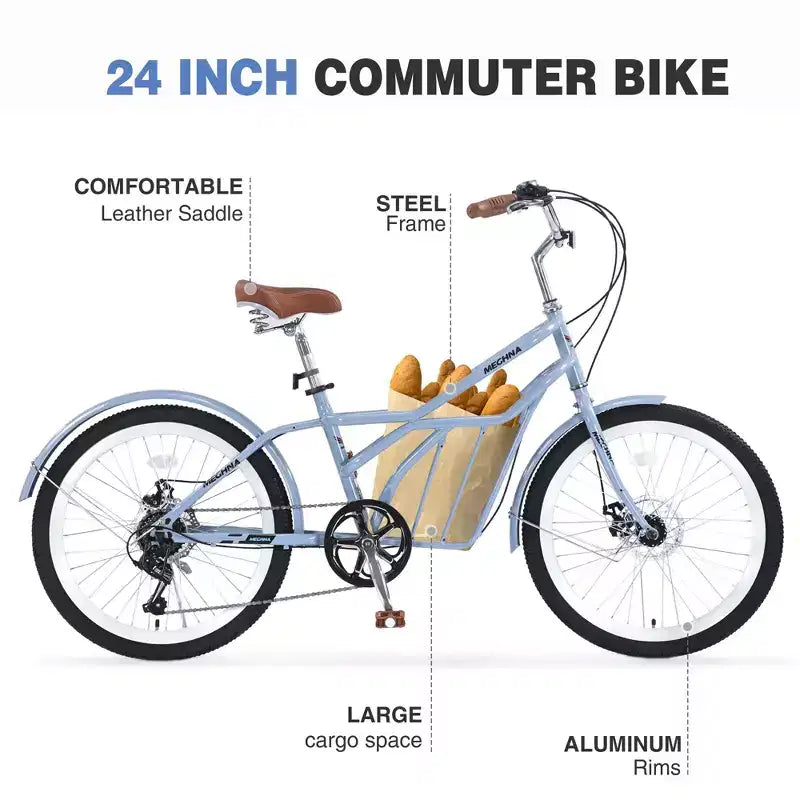 Bicicletas de crucero Okak de 24 pulgadas con cesta grande, bicicleta para adultos de 6 velocidades con cuadro de acero y freno de disco, bicicleta de cercanías para hombres y mujeres
