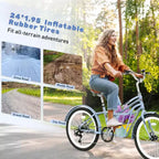 Bicicletas de crucero Okak de 24 pulgadas con cesta grande, bicicleta para adultos de 6 velocidades con cuadro de acero y freno de disco, bicicleta de cercanías para hombres y mujeres
