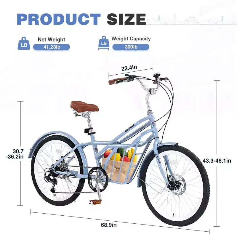 Bicicletas de crucero Okak de 24 pulgadas con cesta grande, bicicleta para adultos de 6 velocidades con cuadro de acero y freno de disco, bicicleta de cercanías para hombres y mujeres