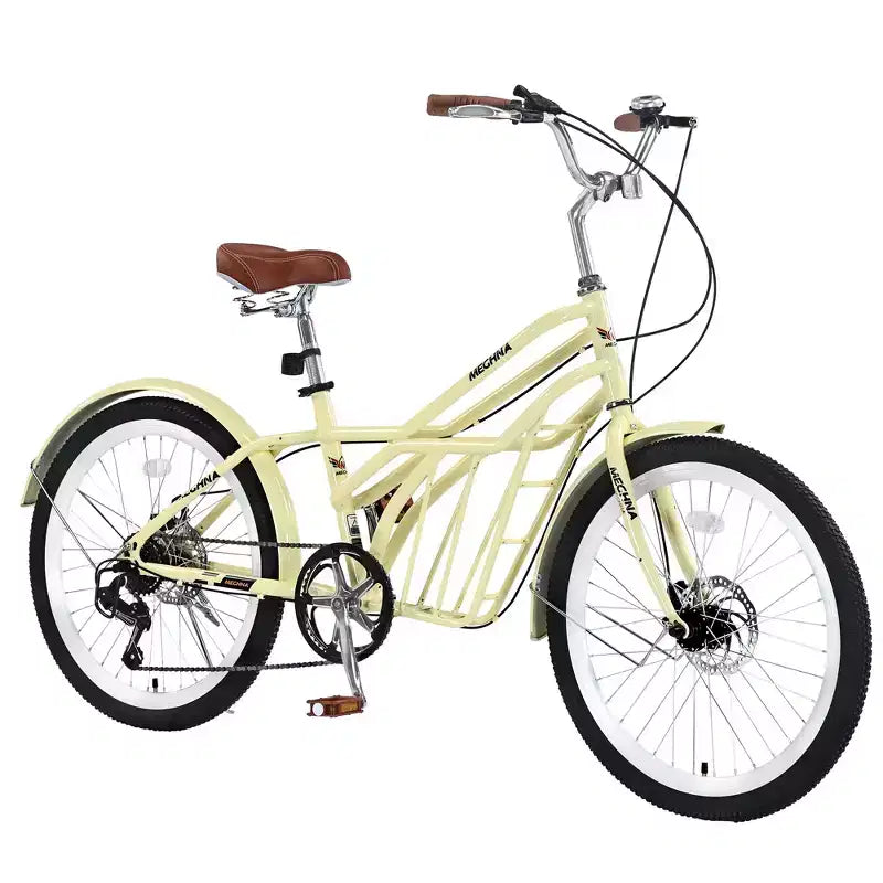 Bicicletas de crucero Okak de 24 pulgadas con cesta grande, bicicleta para adultos de 6 velocidades con cuadro de acero y freno de disco, bicicleta de cercanías para hombres y mujeres