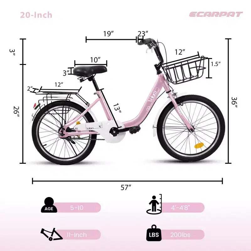 Bicicleta infantil Okak de 20 pulgadas con cuadro de acero ligero, bicicletas de crucero para niños con freno de contrapedal y freno en V, minibicicleta con protector de cadena y portaequipajes trasero