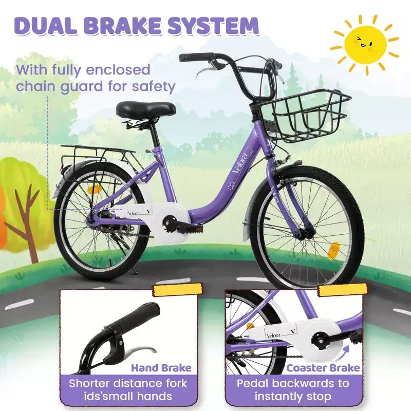 Bicicleta infantil Okak de 20 pulgadas con cuadro de acero ligero, bicicletas de crucero para niños con freno de contrapedal y freno en V, minibicicleta con protector de cadena y portaequipajes trasero