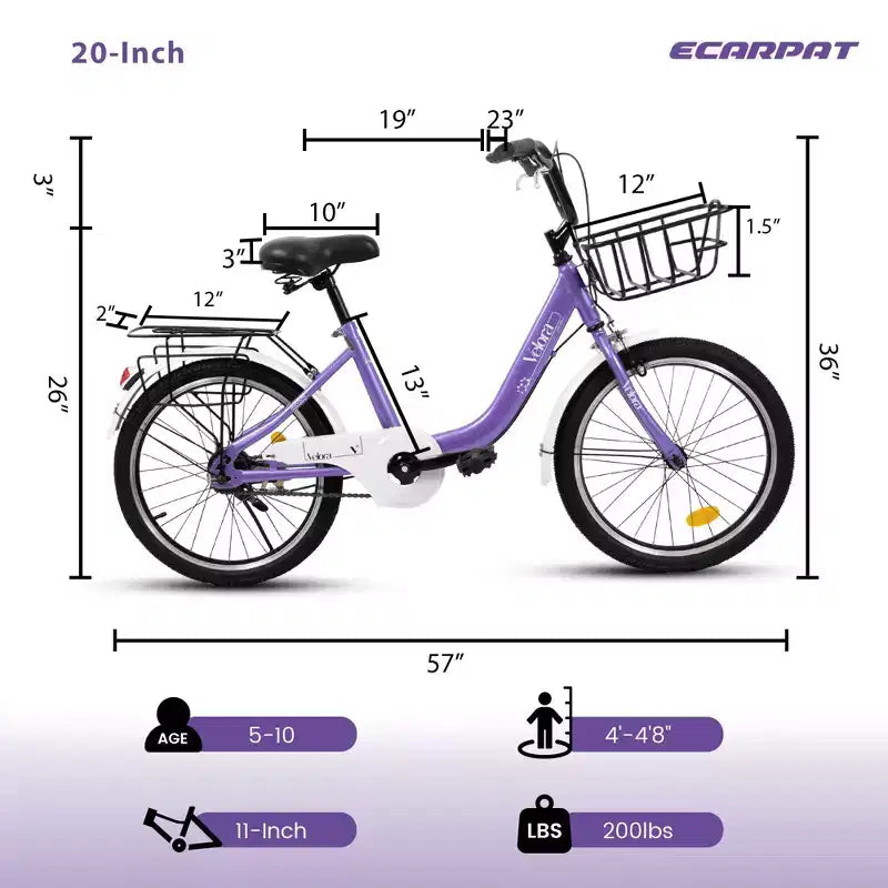 Bicicleta infantil Okak de 20 pulgadas con cuadro de acero ligero, bicicletas de crucero para niños con freno de contrapedal y freno en V, minibicicleta con protector de cadena y portaequipajes trasero