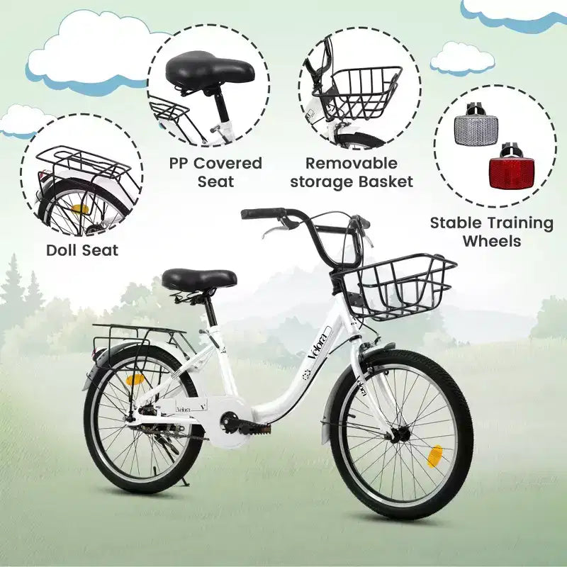 Bicicleta infantil Okak de 20 pulgadas con cuadro de acero ligero, bicicletas de crucero para niños con freno de contrapedal y freno en V, minibicicleta con protector de cadena y portaequipajes trasero