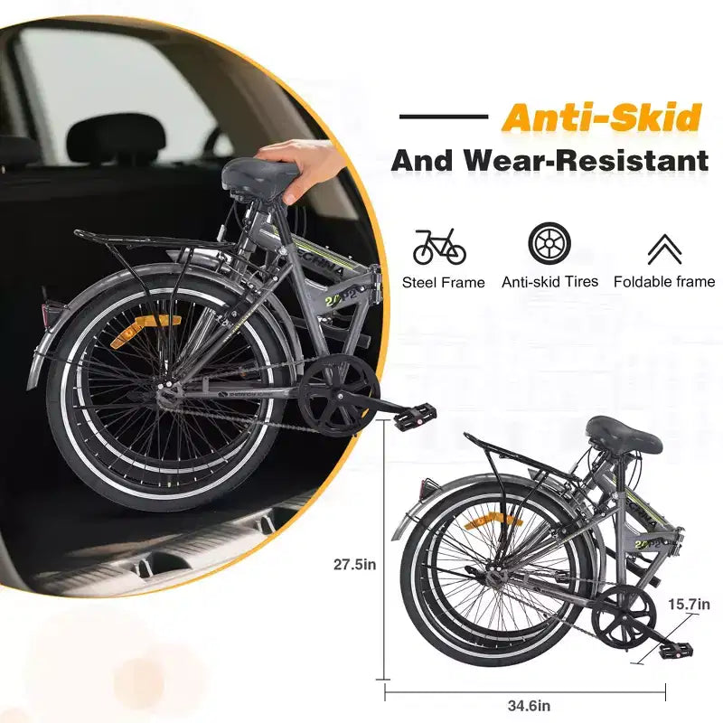 Bicicleta plegable Okak 24IN con guardabarros y doble freno en V, bicicleta urbana con cuadro de acero y portaequipajes, bicicletas tipo crucero para hombres y mujeres