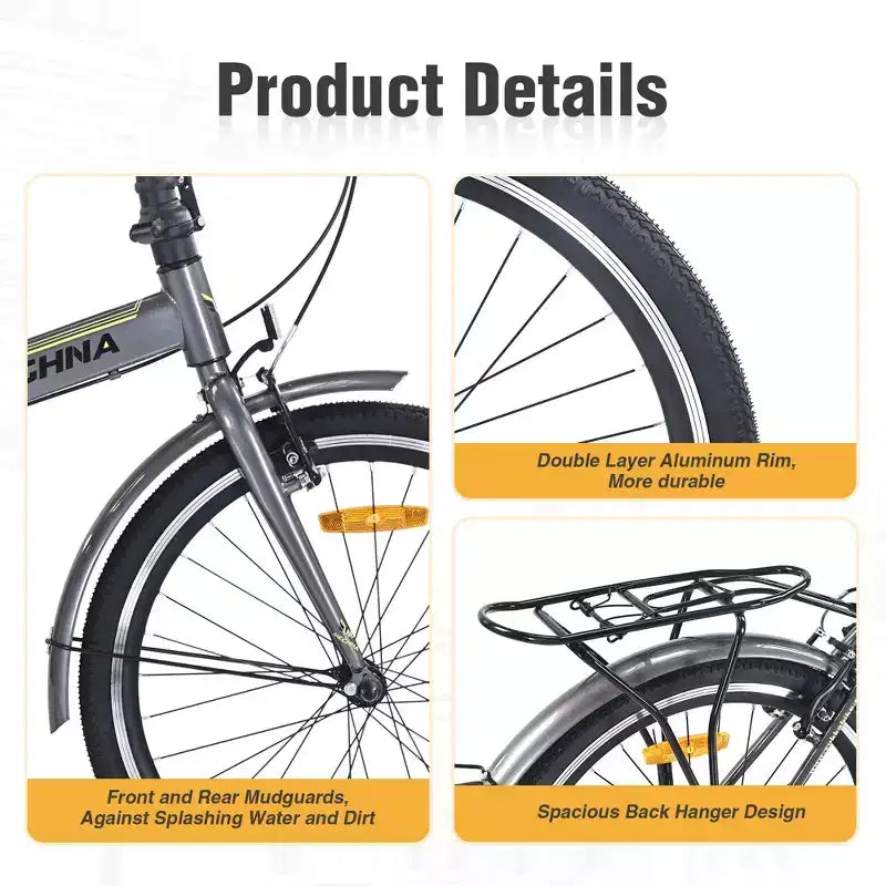 Bicicleta plegable Okak 24IN con guardabarros y doble freno en V, bicicleta urbana con cuadro de acero y portaequipajes, bicicletas tipo crucero para hombres y mujeres