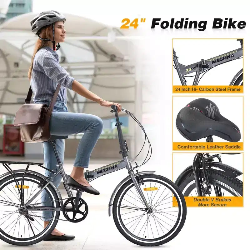 Bicicleta plegable Okak 24IN con guardabarros y doble freno en V, bicicleta urbana con cuadro de acero y portaequipajes, bicicletas tipo crucero para hombres y mujeres