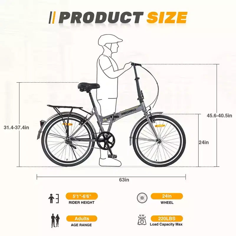 Bicicleta plegable Okak 24IN con guardabarros y doble freno en V, bicicleta urbana con cuadro de acero y portaequipajes, bicicletas tipo crucero para hombres y mujeres
