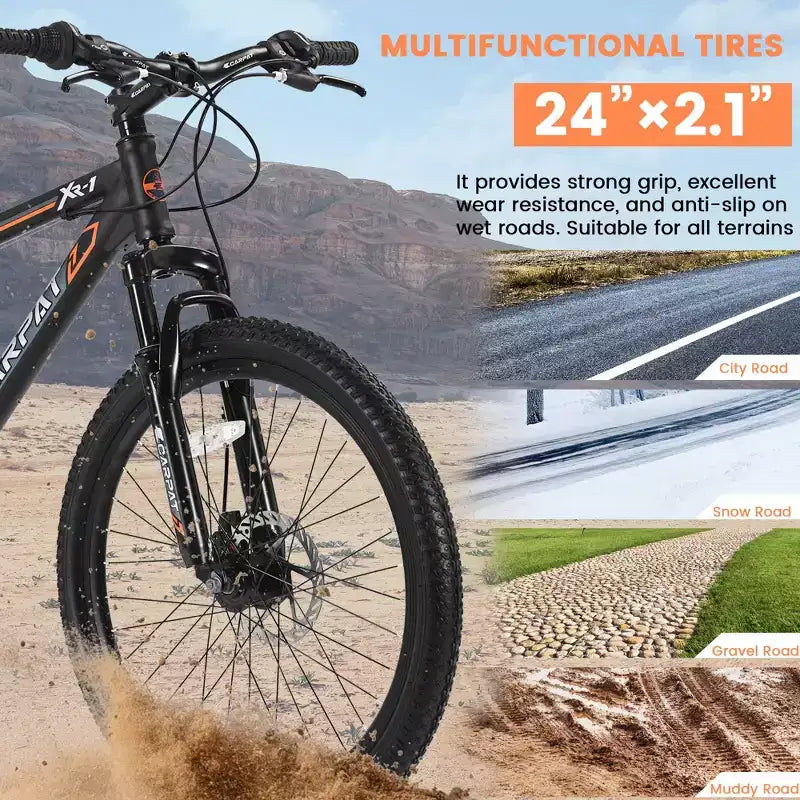 Okak Bicicleta de Montaña de 24 pulgadas con frenos de disco dobles y suspensión delantera, Bicicleta infantil con 21 velocidades y cuadro de acero, Bicicleta para niños y niñas