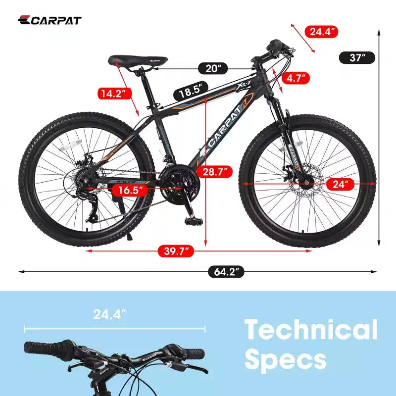 Okak Bicicleta de Montaña de 24 pulgadas con frenos de disco dobles y suspensión delantera, Bicicleta infantil con 21 velocidades y cuadro de acero, Bicicleta para niños y niñas