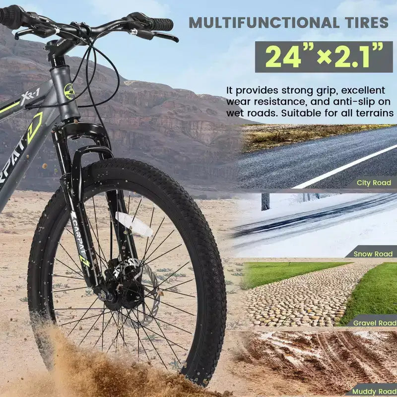 Okak Bicicleta de Montaña de 24 pulgadas con frenos de disco dobles y suspensión delantera, Bicicleta infantil con 21 velocidades y cuadro de acero, Bicicleta para niños y niñas
