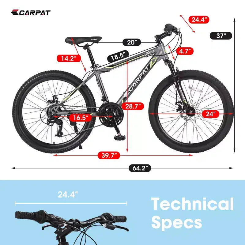Okak Bicicleta de Montaña de 24 pulgadas con frenos de disco dobles y suspensión delantera, Bicicleta infantil con 21 velocidades y cuadro de acero, Bicicleta para niños y niñas