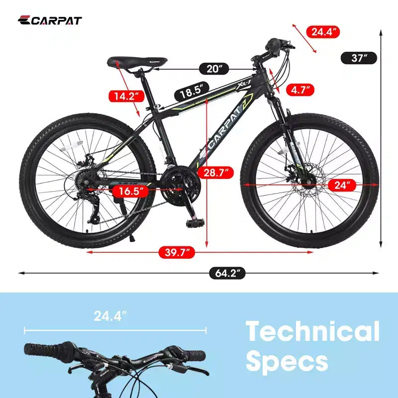 Okak Bicicleta de Montaña de 24 pulgadas con frenos de disco dobles y suspensión delantera, Bicicleta infantil con 21 velocidades y cuadro de acero, Bicicleta para niños y niñas