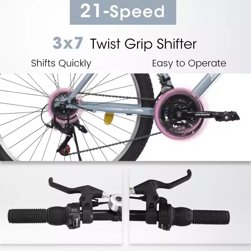 Bicicleta de Montaña Okak de 24/26 pulgadas con Cuadro de Acero al Carbono, Bicicleta para Adultos con Sistema de 21 Velocidades y Doble Freno en V, Bicicleta de Tierra para Adultos y Adolescentes