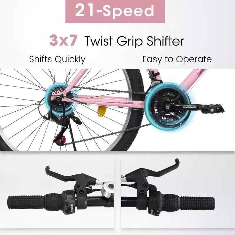 Bicicleta de Montaña Okak de 24/26 pulgadas con Cuadro de Acero al Carbono, Bicicleta para Adultos con Sistema de 21 Velocidades y Doble Freno en V, Bicicleta de Tierra para Adultos y Adolescentes