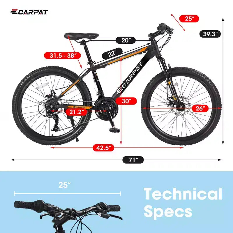 Bicicleta de montaña Okak de 26 pulgadas con 21 velocidades y frenos de disco mecánicos, bicicleta para adultos con cuadro de acero de alto carbono, bicicleta de cross para niños y adultos