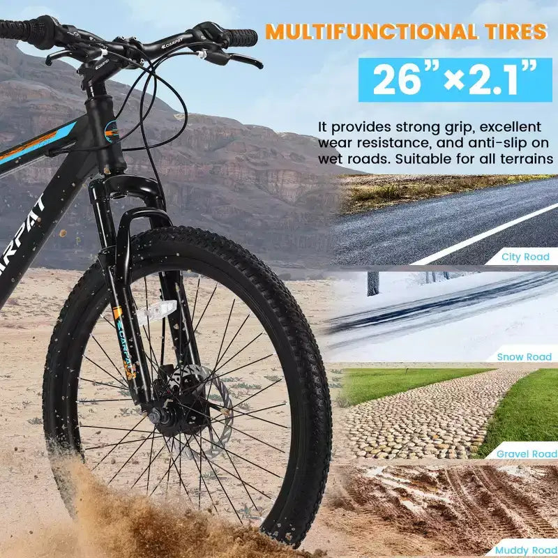 Bicicleta de montaña Okak de 26 pulgadas con 21 velocidades y frenos de disco mecánicos, bicicleta para adultos con cuadro de acero de alto carbono, bicicleta de cross para niños y adultos