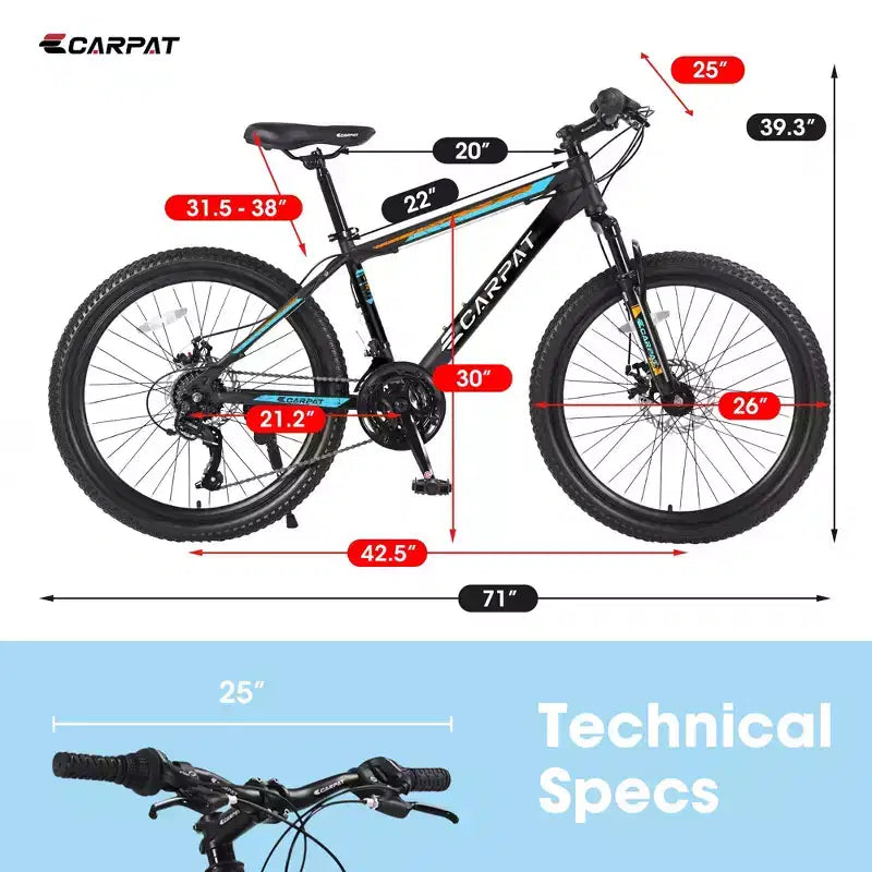 Bicicleta de montaña Okak de 26 pulgadas con 21 velocidades y frenos de disco mecánicos, bicicleta para adultos con cuadro de acero de alto carbono, bicicleta de cross para niños y adultos