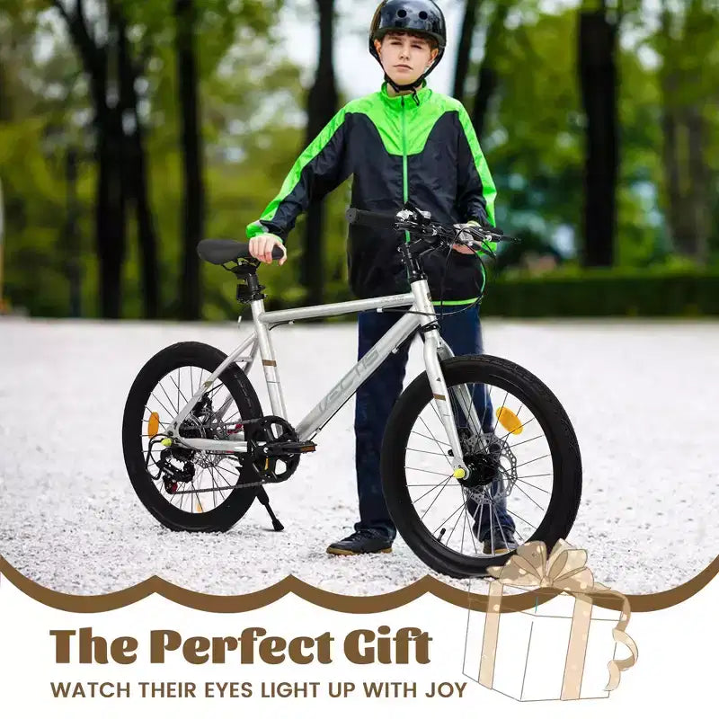 Bicicleta para niños Okak 20IN con 7 velocidades y cuadro de acero, bicicleta para niños con frenos de disco dobles y neumáticos de 1.75IN, bicicletas tipo crucero para niños y niñas