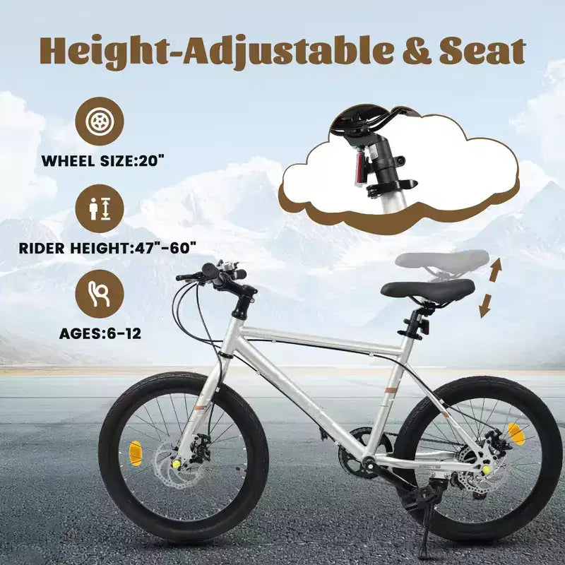 Bicicleta para niños Okak 20IN con 7 velocidades y cuadro de acero, bicicleta para niños con frenos de disco dobles y neumáticos de 1.75IN, bicicletas tipo crucero para niños y niñas