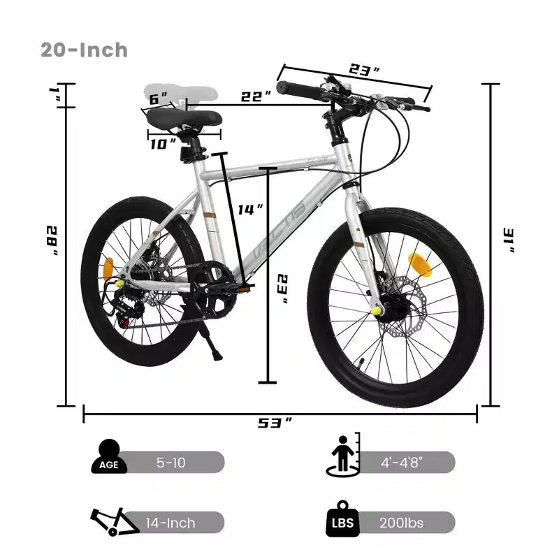 Bicicleta para niños Okak 20IN con 7 velocidades y cuadro de acero, bicicleta para niños con frenos de disco dobles y neumáticos de 1.75IN, bicicletas tipo crucero para niños y niñas