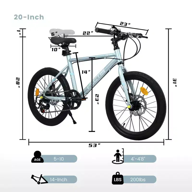 Bicicleta para niños Okak 20IN con 7 velocidades y cuadro de acero, bicicleta para niños con frenos de disco dobles y neumáticos de 1.75IN, bicicletas tipo crucero para niños y niñas