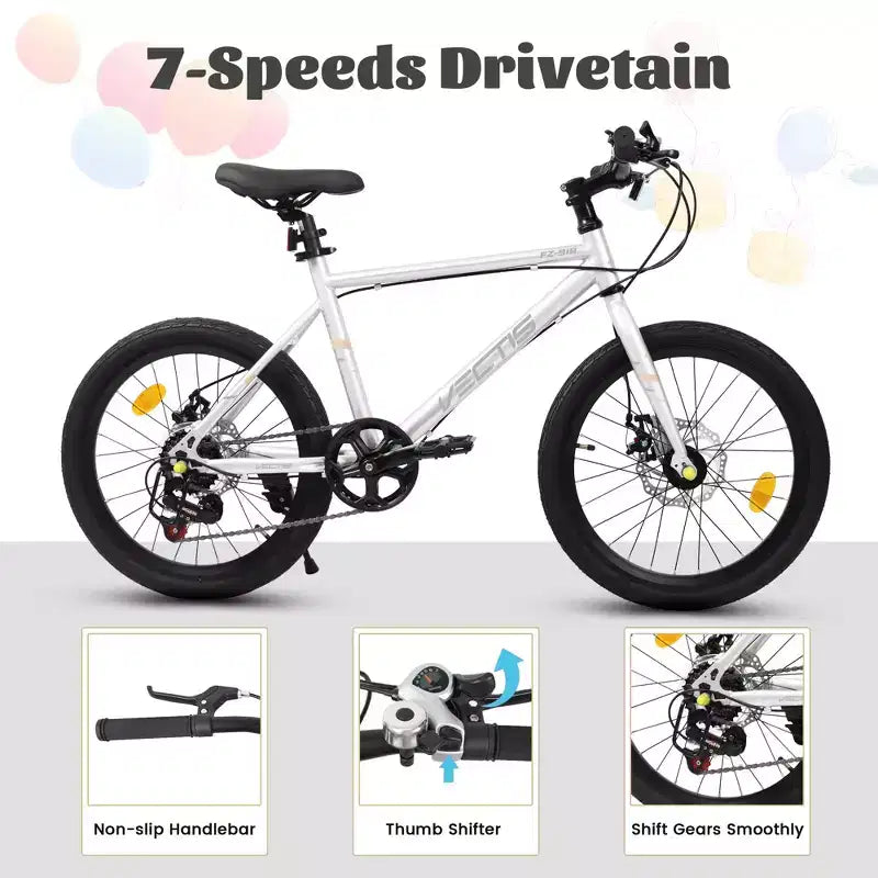 Bicicleta para niños Okak 20IN con 7 velocidades y cuadro de acero, bicicleta para niños con frenos de disco dobles y neumáticos de 1.75IN, bicicletas tipo crucero para niños y niñas