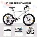 Bicicleta para niños Okak 20IN con 7 velocidades y cuadro de acero, bicicleta para niños con frenos de disco dobles y neumáticos de 1.75IN, bicicletas tipo crucero para niños y niñas