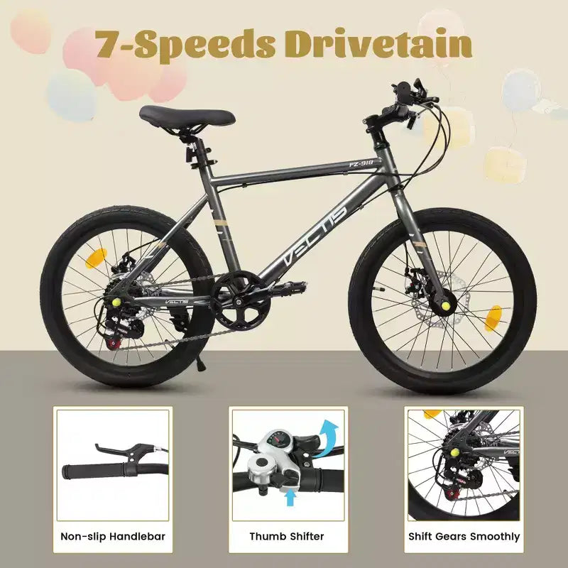 Bicicleta para niños Okak 20IN con 7 velocidades y cuadro de acero, bicicleta para niños con frenos de disco dobles y neumáticos de 1.75IN, bicicletas tipo crucero para niños y niñas