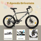 Bicicleta para niños Okak 20IN con 7 velocidades y cuadro de acero, bicicleta para niños con frenos de disco dobles y neumáticos de 1.75IN, bicicletas tipo crucero para niños y niñas