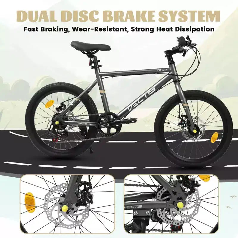 Bicicleta para niños Okak 20IN con 7 velocidades y cuadro de acero, bicicleta para niños con frenos de disco dobles y neumáticos de 1.75IN, bicicletas tipo crucero para niños y niñas