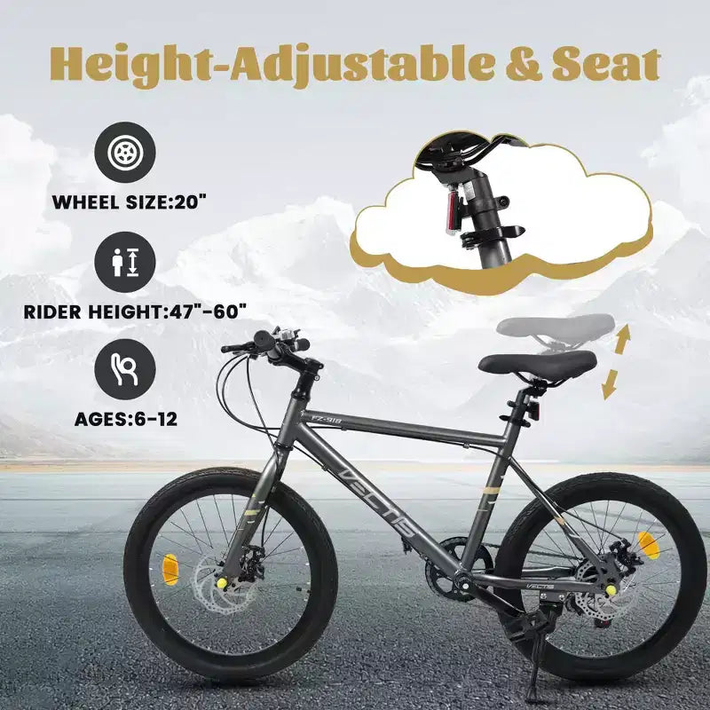 Bicicleta para niños Okak 20IN con 7 velocidades y cuadro de acero, bicicleta para niños con frenos de disco dobles y neumáticos de 1.75IN, bicicletas tipo crucero para niños y niñas