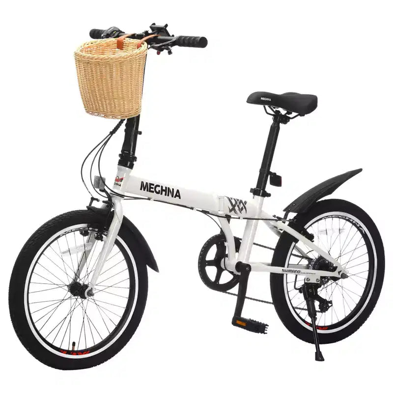 Bicicleta Plegable Okak de 20 pulgadas con Cesta Delantera, Soporte para Teléfono y Guardabarros, Bicicleta de 6 Velocidades para Adultos con Cuadro de Acero y Frenos V Dobles, Bicicleta para Hombres y Mujeres