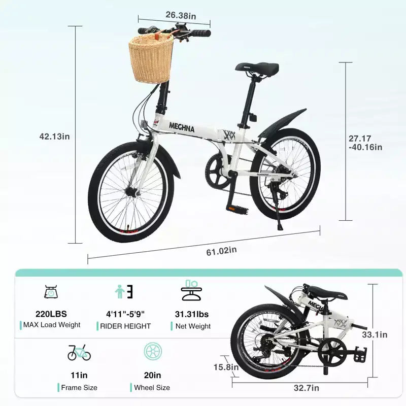 Bicicleta Plegable Okak de 20 pulgadas con Cesta Delantera, Soporte para Teléfono y Guardabarros, Bicicleta de 6 Velocidades para Adultos con Cuadro de Acero y Frenos V Dobles, Bicicleta para Hombres y Mujeres